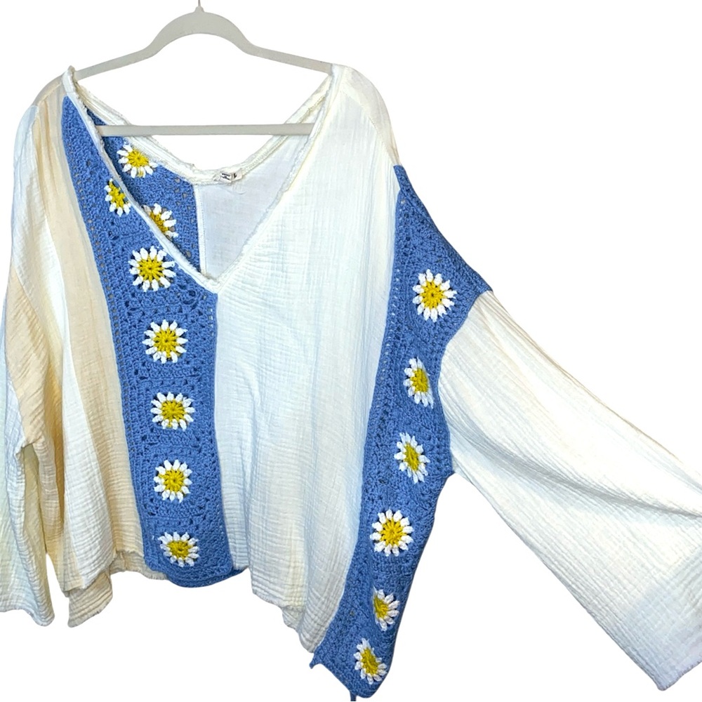 POL Blue/Cream 100% Cotton Oversized Crochet Top, Size Small - Picture 4 of 12